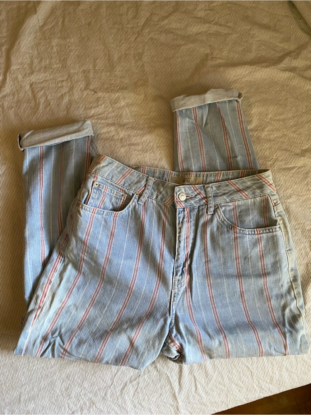 Topshop motto ankle jeans with faded red stripe